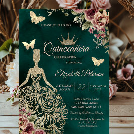 Invitación Vestido de brillo, Quinceañera floral de mariposas