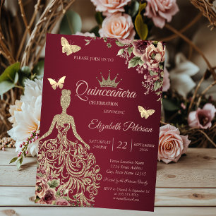 Invitación Vestido de brillo, Quinceañera Floral Mariposa Roj