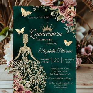 Invitación Vestido de brillo, Quinceañera floral mariposa ver