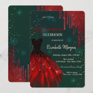 Invitación Vestido de Brillo Rojo con Goteo Verde Quinceañera