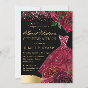 Invitación Vestido de brillo rojo y dorado Rosas glamurosas D