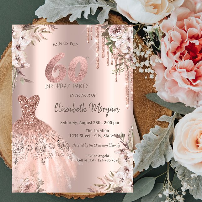 Invitación Vestido de Brillo Rosa Dorado con Flores para Cump (Subido por el creador)