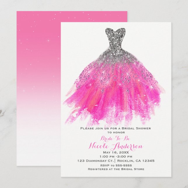 Invitación Vestido de brillo rosa y plateado Bridal Shower (Anverso / Reverso)
