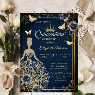 Invitación Vestido de brillo, Rosas de Mariposa Azul MarinoQu