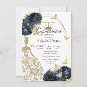 Invitación Vestido de brillo, Rosas de Mariposa Azul MarinoQu