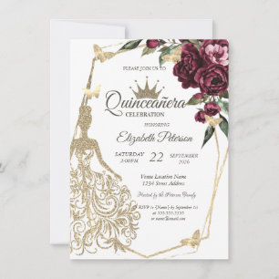Invitación Vestido de brillo, Rosas de Mariposa Burgundy Quin