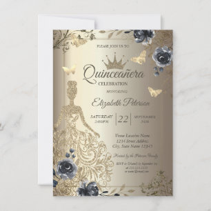 Invitación Vestido de brillo, Rosas de Mariposa de Oro Quince