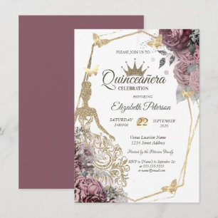 Invitación Vestido de brillo, Rosas Mariposa Chic Quinceañera