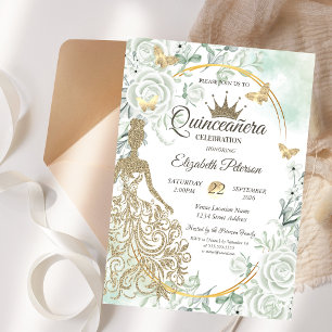 Invitación Vestido de brillo, Rosas Mariposa Verde Quinceañer