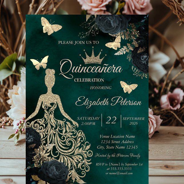 Invitación Vestido de brillo, Rosas Verdes Mariposa Quinceañe (Subido por el creador)