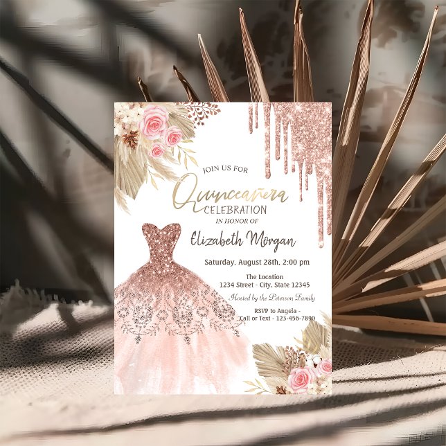 Invitación Vestido de Brillos que Caen Boho Flores Quinceañer (Subido por el creador)
