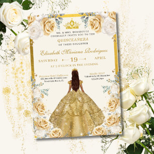 Invitación Vestido de Champagne Dorado Tiara Princesa Quincea