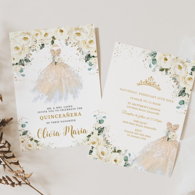 Invitación Vestido de champán floral marrón blanco Quinceañer (Subido por el creador)