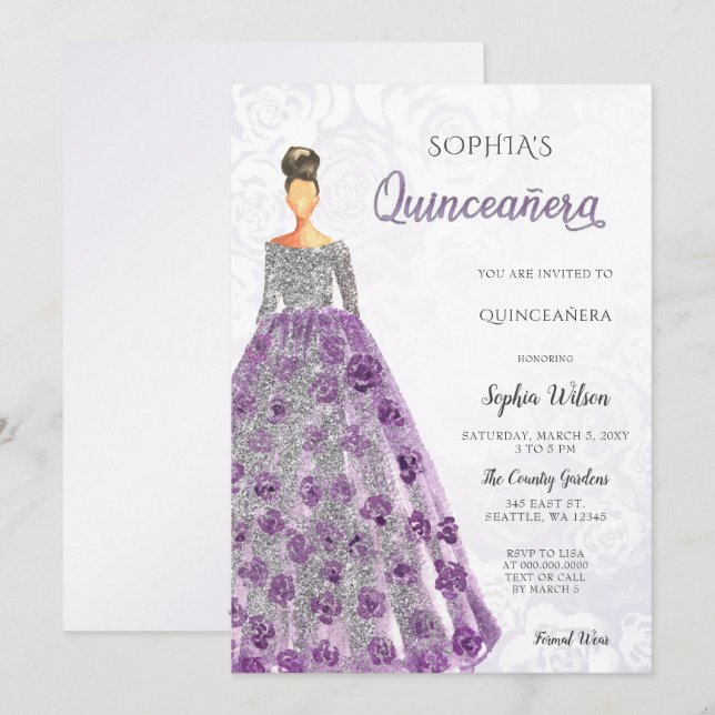 Invitación Vestido de chispa morada de plata Quinceanera (Anverso / Reverso)