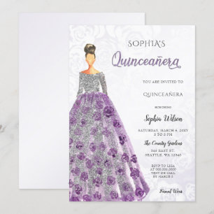 Invitación Vestido de chispa morada de plata Quinceanera