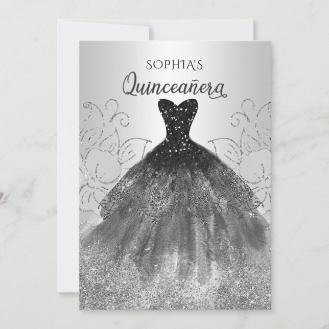 Invitación Vestido de chispa negro plateado Quinceañera Quinc (Anverso)