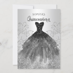 Invitación Vestido de chispa negro plateado Quinceañera Quinc