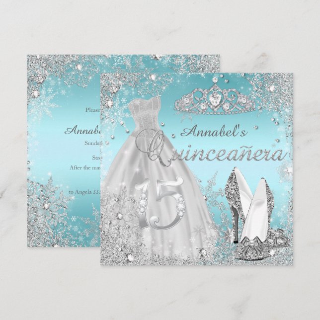 Invitación Vestido de chispa plateado y azul Tiara Quinceaner (Anverso / Reverso)