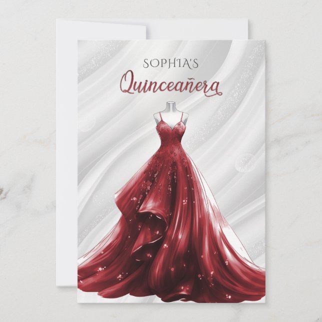 Invitación Vestido de chispa roja de plata Quinceañera Quince (Anverso)