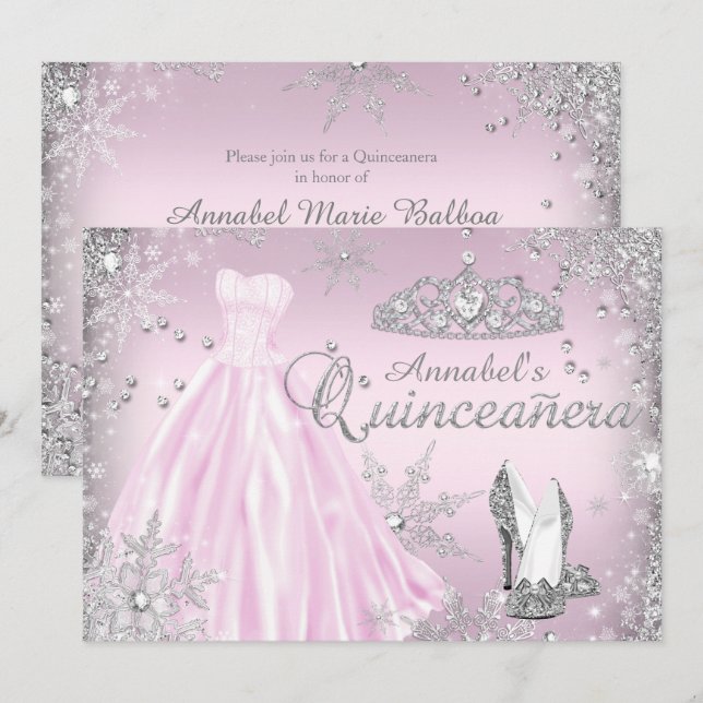 Invitación Vestido de chispa rosa Tiara Quinceanera (Anverso / Reverso)