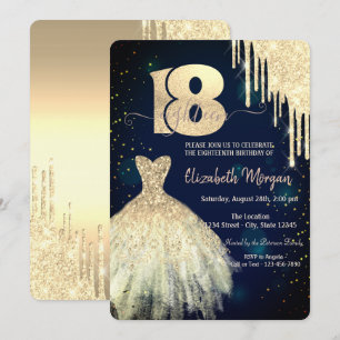 Invitación Vestido de chorros de purpurina dorada azul marino