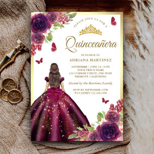 Invitación Vestido de ciruela floral mariposa dorada Quinceañ
