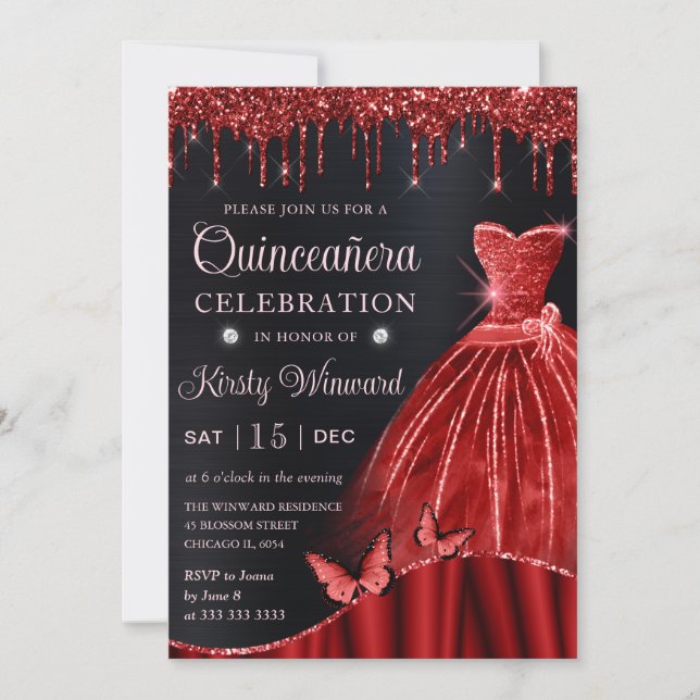 Invitación Vestido de color rojo Purpurina Quinceanera (Anverso)