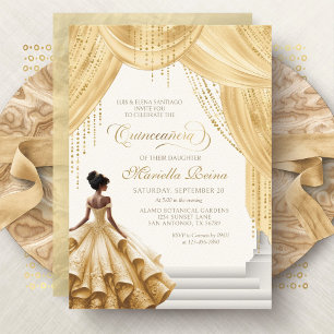 Invitación Vestido de Cuento de Hadas de Oro Amarillo Quincea
