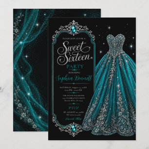 Invitación Vestido de cumpleaños 16 dulces joya turquesa