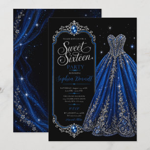 Invitación Vestido de cumpleaños azul real Sweet 16