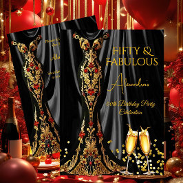 Invitación Vestido de cumpleaños fabuloso negro rojo dorado c