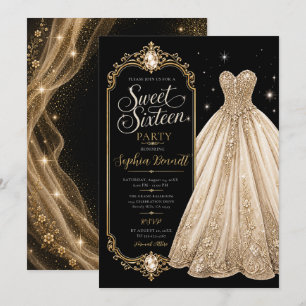 Invitación Vestido de cumpleaños Sweet 16 Dulce Joyería Dorad