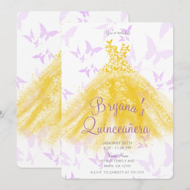 Invitación Vestido de danza de mariposa amarilla y lilaca Qui (Anverso / Reverso)