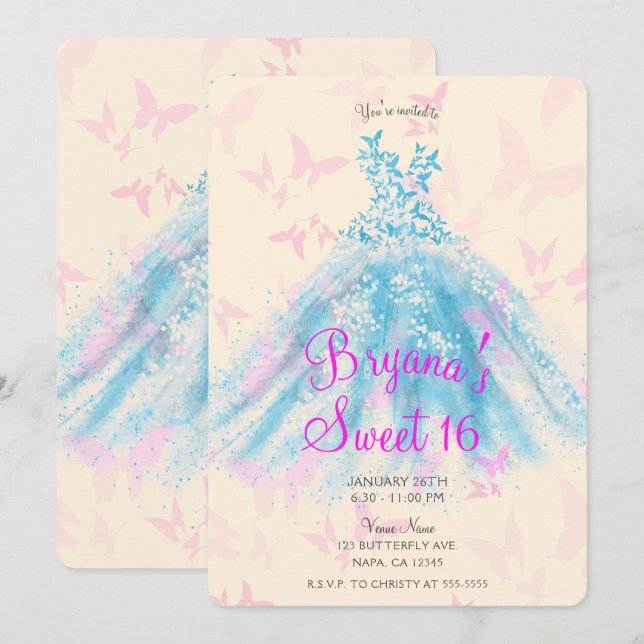Invitación Vestido de danza de mariposa rosa y azul dulce 16  (Anverso / Reverso)