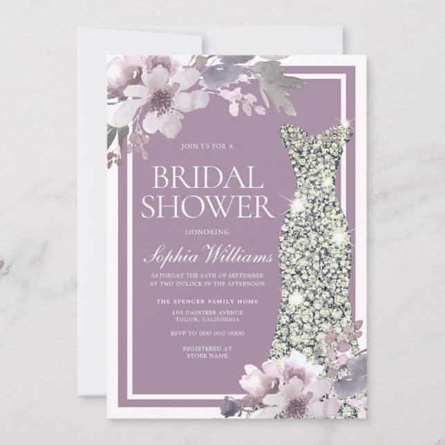 Invitación Vestido De Diamante De Flor Púrpura Ducha Bridal E (Anverso)