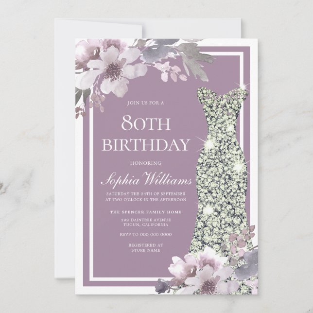 Invitación Vestido de diamante morado floral mujeres 80 cumpl (Anverso)
