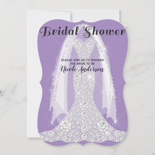Invitación Vestido de diamante Morado Lilac Glam Ducha de nov (Anverso)