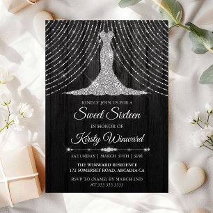 Invitación Vestido de Diamante Negro Plateado Cumpleaños Dulc