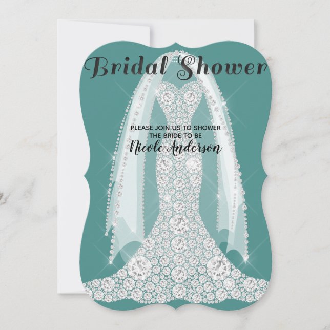 Invitación Vestido de diamante Verde azulado Turquesa Glam Br (Anverso)