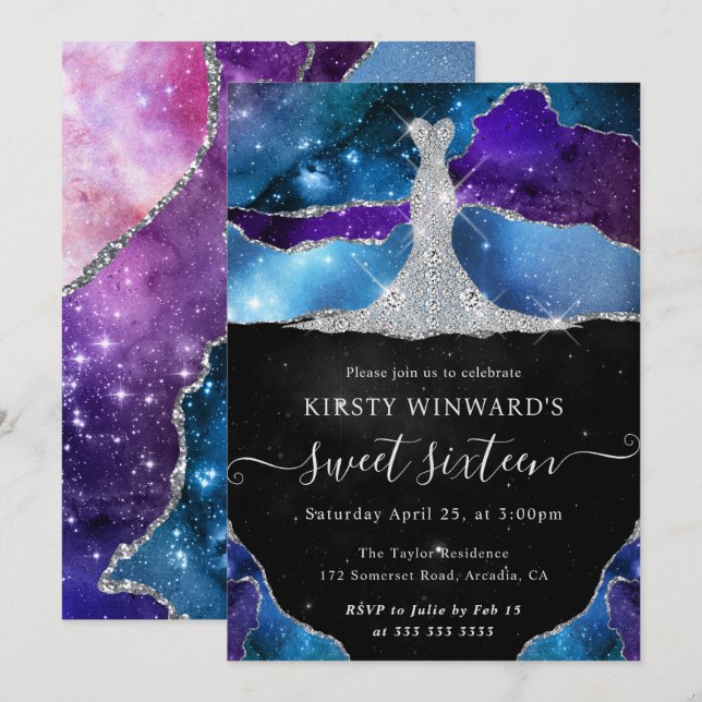 Invitación Vestido de diamante y agate galaxy dulce 16 (Anverso / Reverso)