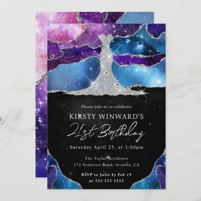 Invitación Vestido de diamante y agato galaxico 21º cumpleaño (Anverso / Reverso)