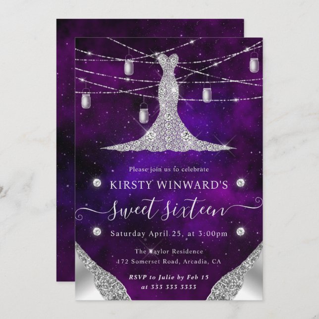 Invitación Vestido de diamante y mason Jars Glam Sweet 16 (Anverso / Reverso)