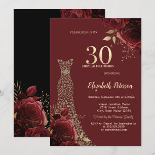 Invitación Vestido de diamantes Chic Rosas Rojas Cumpleaños 3