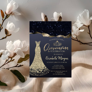Invitación Vestido de diamantes Chic, Tiara dorada, brillo ne