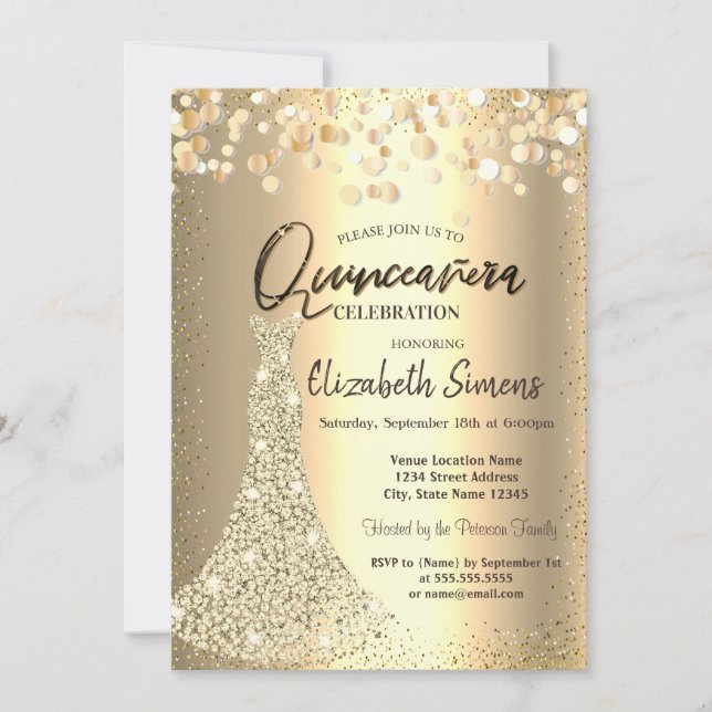 Invitación Vestido de diamantes, Confetti de oro Quinceañera (Anverso)
