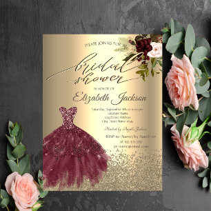 Invitación Vestido de diamantes de oro elegante, flores, duch