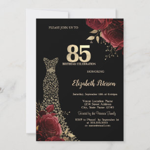 Invitación Vestido de diamantes de oro Rosas rojas Cumpleaños