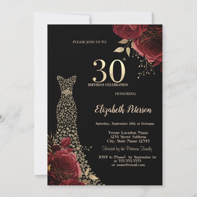 Invitación Vestido de diamantes de oro Rosas rojas Cumpleaños (Anverso)