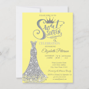 Invitación Vestido de diamantes de plata, dulce amarillo de d