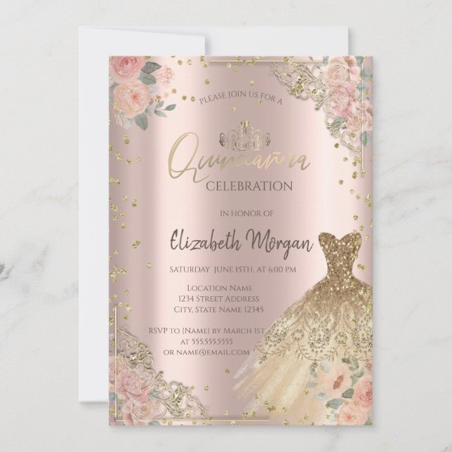 Invitación Vestido de diamantes de rosas Boho Rosa Dorado (Anverso)
